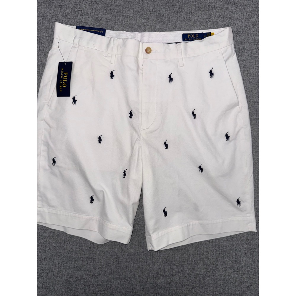 NWT Polo Ralph Lauren 35 Shorts White All Over Navy Pony Embroidered Stretch 9"